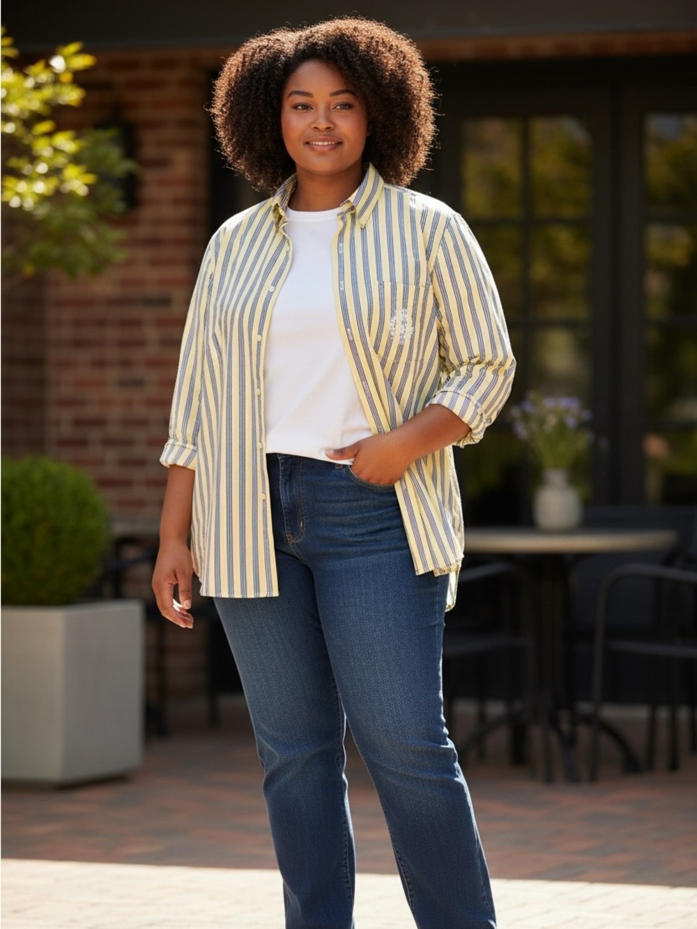 Ralph Lauren women's Yellow & Blue Vertical Stripe Button-Down Shirt over size